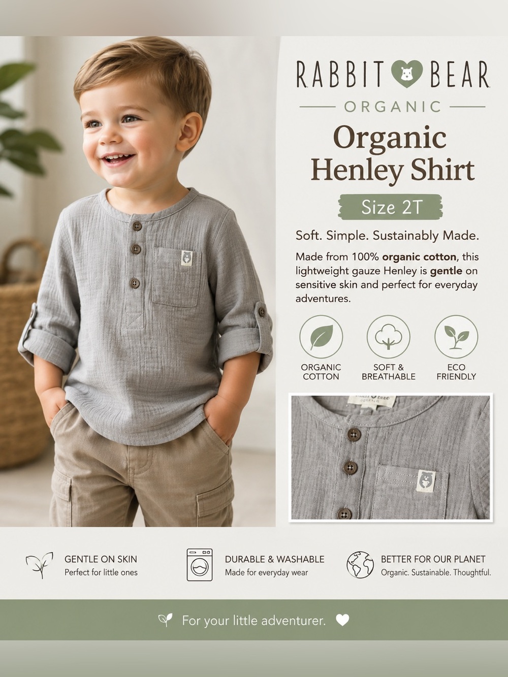 New Organic Rabbit + Bear Henley Shirt Size 2T – Soft Eco-Friendly Kids Clothing